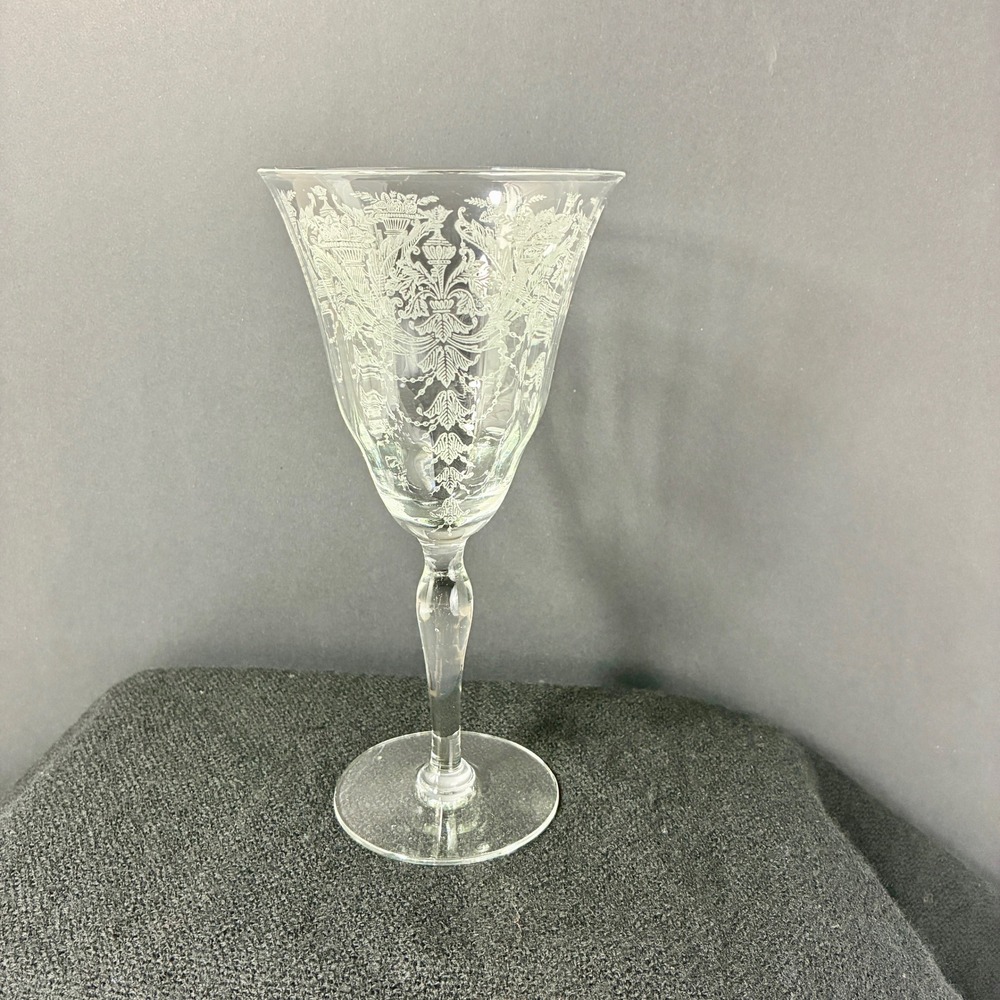 VTG Morgantown Milan Etched Wine Glass Clear Crystal Urn Floral Swag Stemware